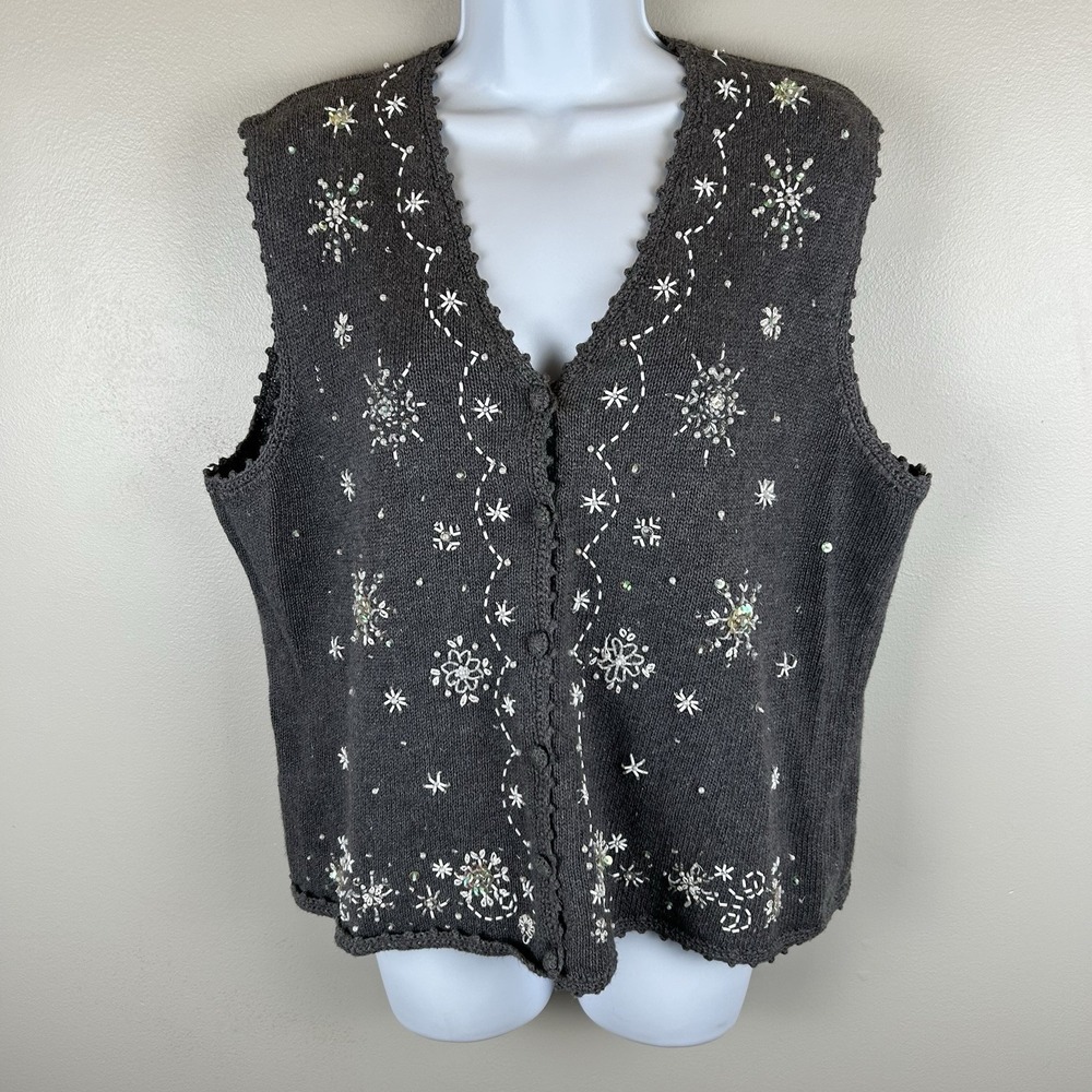 Designers Originals VTG Holiday Sweater Vest Womens XL Gray Snow Flakes Teacher